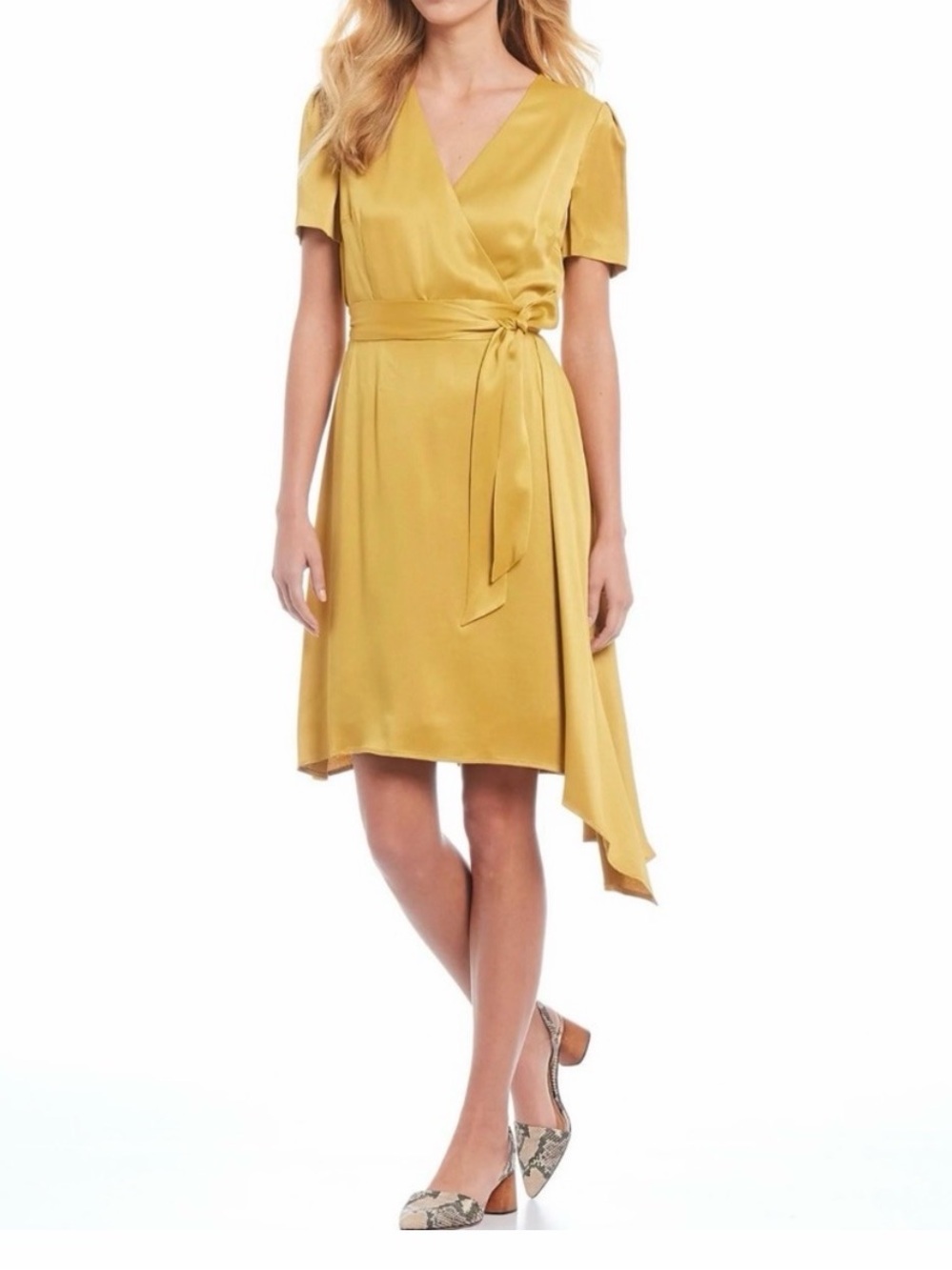 Antonio Melani Golden Yellow Satin Faux Wrap Dress Elegant Tie Waist Midi
